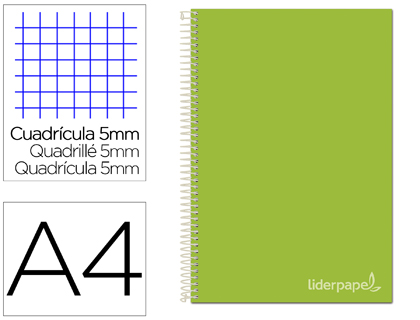 LIDERPAPEL - Cuaderno espiral A4 micro jolly tapa forrada 140h 75 gr cuadro 5mm 5 bandas 4 taladros color verde (Ref. BA96)