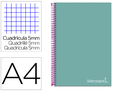 LIDERPAPEL - Cuaderno espiral A4 micro jolly tapa forrada 140h 75 gr cuadro 5mm 5 bandas4 taladros color turquesa (Ref. BA97)
