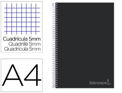 LIDERPAPEL - Cuaderno espiral A4 micro jolly tapa forrada 140h 75 gr cuadro 5mm 5 bandas 4 taladros color negro (Ref. BA98)