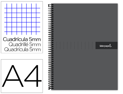 LIDERPAPEL - Cuaderno espiral A4 micro crafty tapa forrada 120h 90 gr cuadro 5 mm 5 bandas 4 colores color negro (Ref. BA90)
