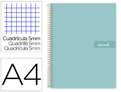 LIDERPAPEL - Cuaderno espiral A4 micro crafty tapa forrada 120h 90gr cuadro 5mm 5 bandas 4 taladros color turquesa (Ref. BA91)