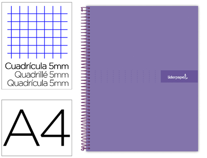 LIDERPAPEL - Cuaderno espiral A4 micro crafty tapa forrada 120h 90gr cuadro 5mm 5 bandas 4 taladros color violeta (Ref. BA92)