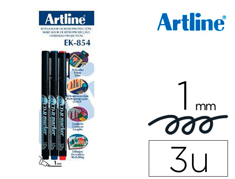 ARTLINE - Rotulador retroproyeccion punta fibra permanente ek-854 1 mm -blister de 3 (1-ne 1-az 1-ro) (Ref. EK-854-N-BL3S)