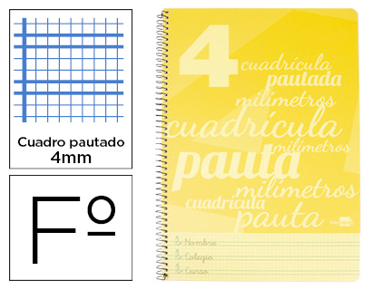 LIDERPAPEL - Cuaderno espiral folio pautaguia tapa plastico 80h 75gr cuadro pautado 4mm con margen color amarillo (Ref. BE35)