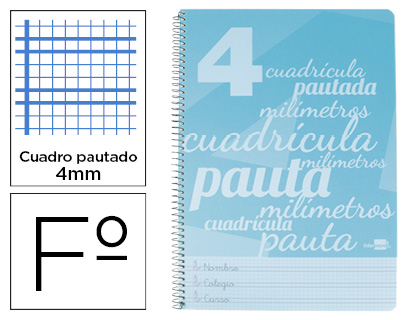 LIDERPAPEL - Cuaderno espiral folio pautaguia tapa plastico 80h 75gr cuadro pautado 4mm con margen color azul (Ref. BE36)
