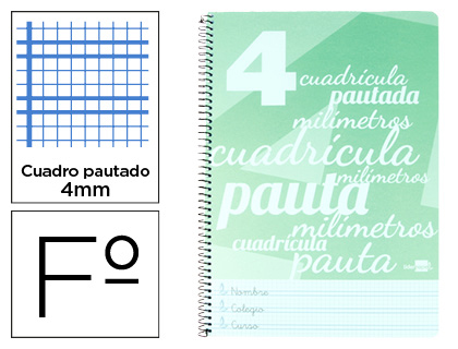 LIDERPAPEL - Cuaderno espiral folio pautaguia tapa plastico 80h 75gr cuadro pautado 4mm con margen color verde (Ref. BE37)