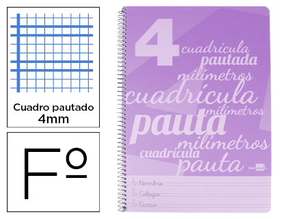 LIDERPAPEL - Cuaderno espiral folio pautaguia tapa plastico 80h 75gr cuadro pautado 4mm con margen color violeta (Ref. BE38)