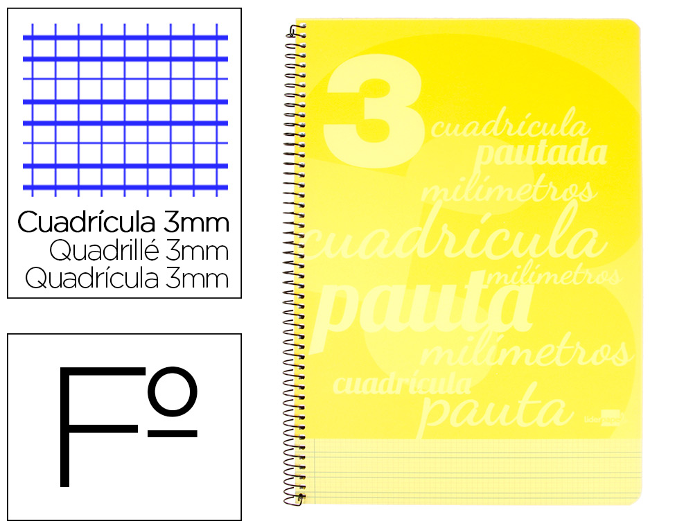 LIDERPAPEL - Cuaderno espiral folio pautaguia tapa plastico 80h 75gr cuadro pautado 3mm con margen color amarillo (Ref. BE39)