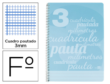 LIDERPAPEL - Cuaderno espiral folio pautaguia tapa plastico 80h 75gr cuadro pautado 3mm con margen color azul (Ref. BE40)