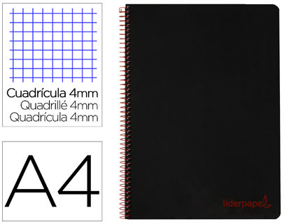 LIDERPAPEL - Cuaderno espiral A4 wonder tapa plastico 80h 90gr cuadro 4mm con margen color negro (Ref. TH62)