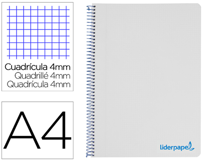 LIDERPAPEL - Cuaderno espiral A4 wonder tapa plastico 80h 90gr cuadro 4mm con margen color gris (Ref. TH64)