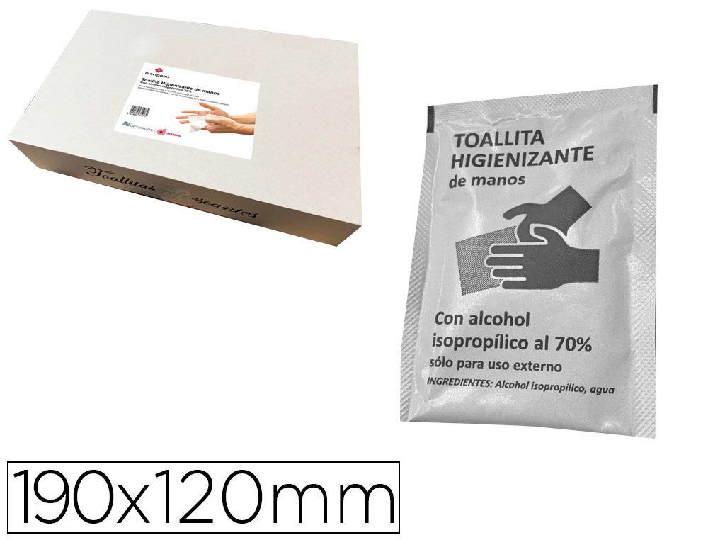 Toallita higienizante hidroalcoholica para manos medidas 190 x 120 mm paquetes individuales caja 500 unidades (Ref. DJ-8663)