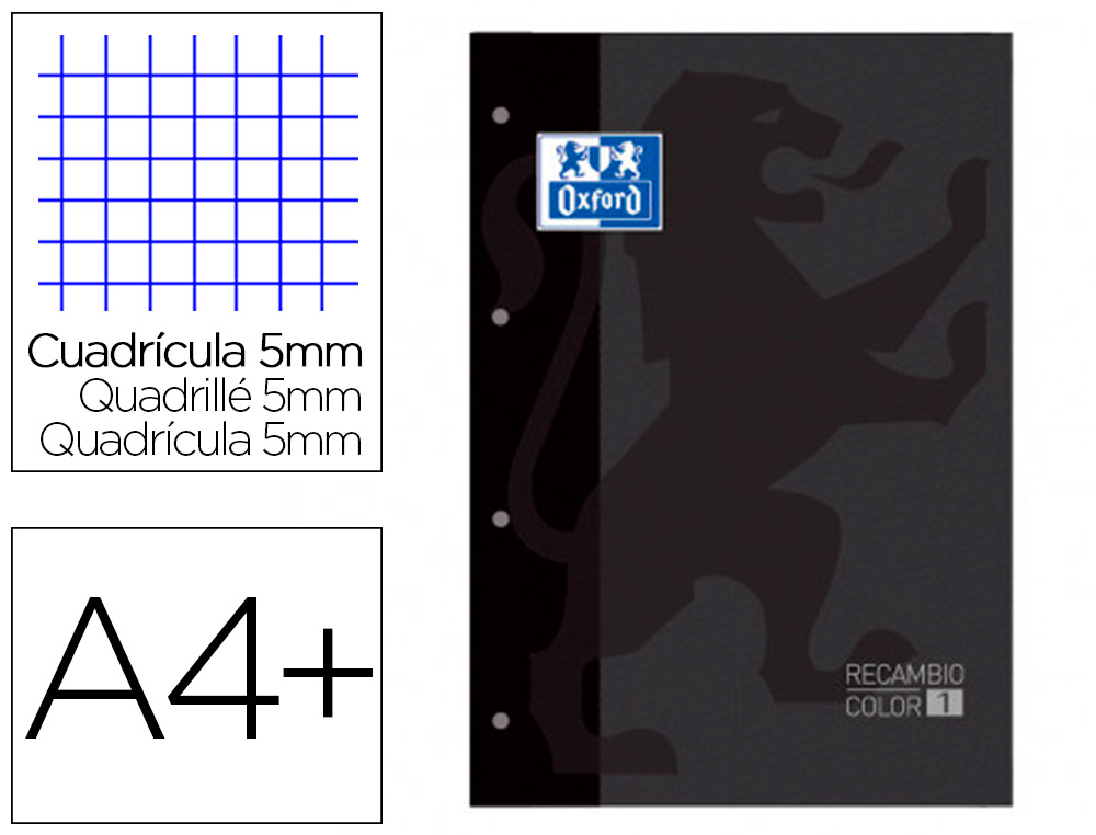 OXFORD - Recambio color 1 din a4+ 80 hojas 90 gr cuadro 5 mm 4 taladros color negro (Ref. 400123678)
