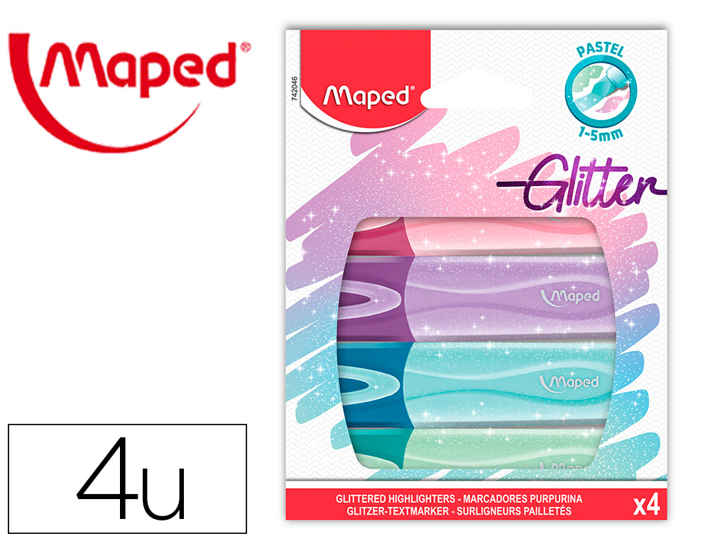 MAPED - Rotulador fluorescente peps pastel con glitter estuche de 4 unidades colores surtidos (Ref. 742046)