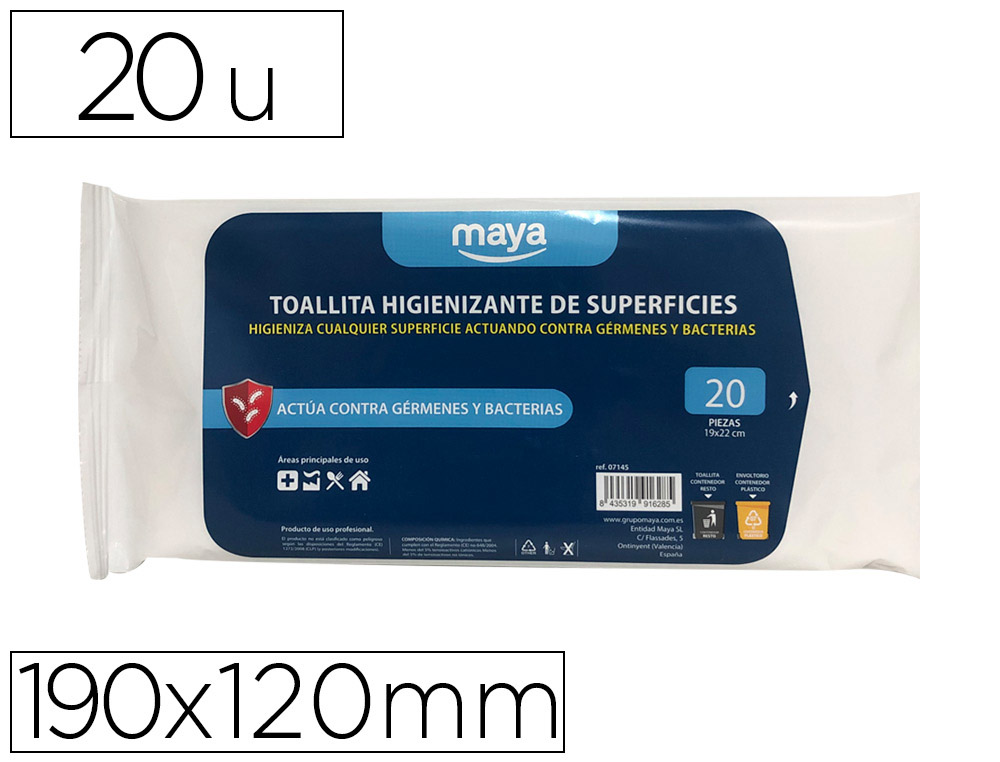 Toallita desinfectante para superficies medidas 190 x 120 mm pack 20 unidades (Ref. DJ-0145)