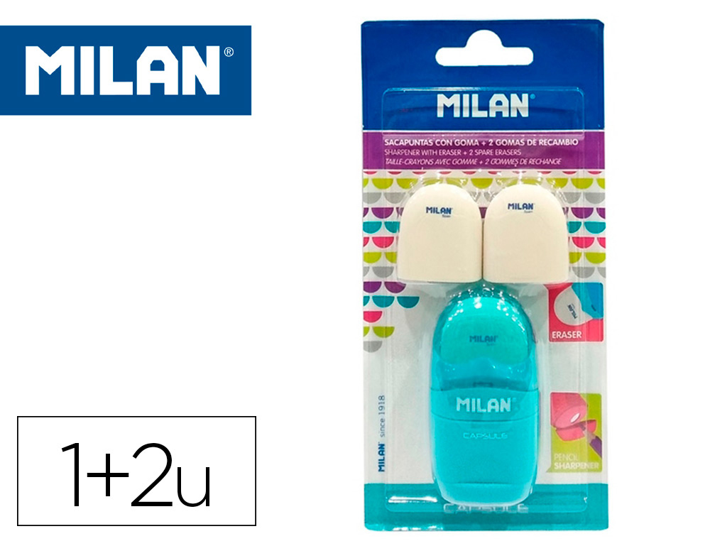 MILAN - Sacapuntas capsule plastico 1 uso con goma + 2 recambios de goma en blister (Ref. BYM10034)