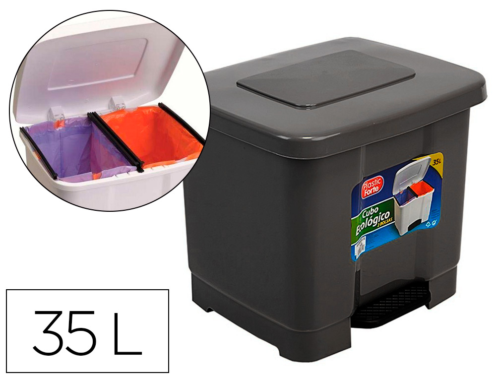 PLASTICFORTE - Papelera contenedor plastico con pedal 2 compartimentos 35 litros gris oscuro (Ref. 1126522)