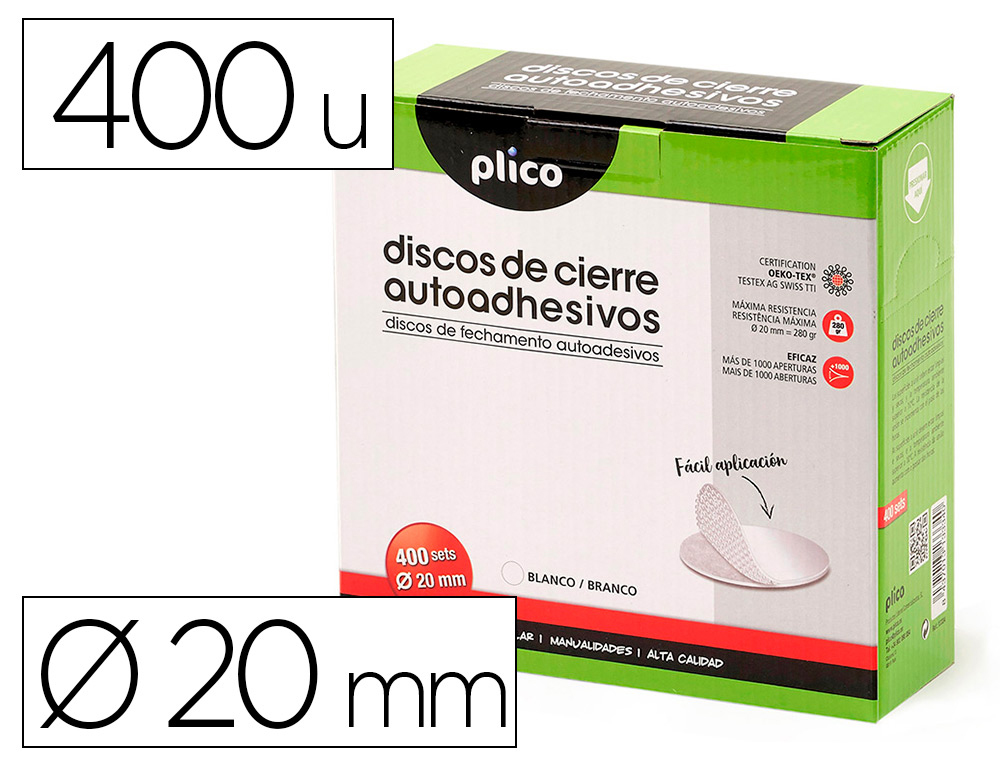 PLICO - Disco de cierre velcro autoadhesivo 20 mm diametro color blanco caja de 400 unidades (Ref. 13334)