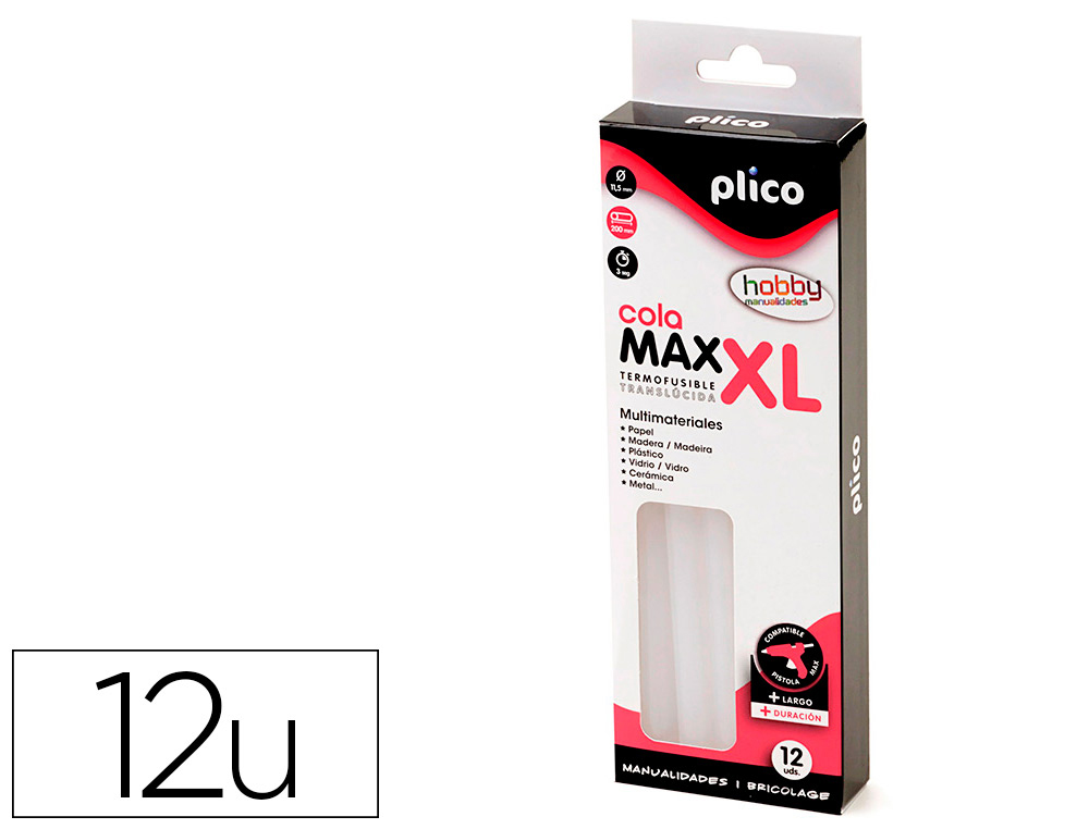 PLICO - Barra termofusible cola max xl baja temperatura 11,5 mm de diametro x 200 mm de alto blister de 12 unidades (Ref. 1645)