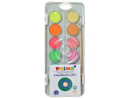 PRIMO - Acuarela 8 colores metal + 4 colores neon con pincel y paleta de mezcla estuche de plastico (Ref. 115A12FM)