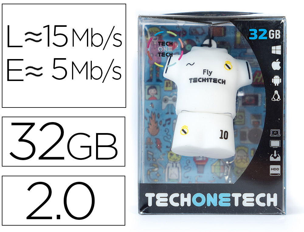 TECH ON TECH - Memoria usb equipacion futbol merengue 32 gb (Ref. TEC50235-32)