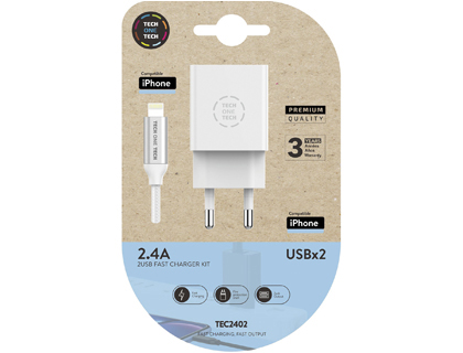 TECH ON TECH - Cargador tech one tech 2.4 doble usb + cable braided nylon micro usb apple longitud 1 mt color blanco (Ref. TEC2402)