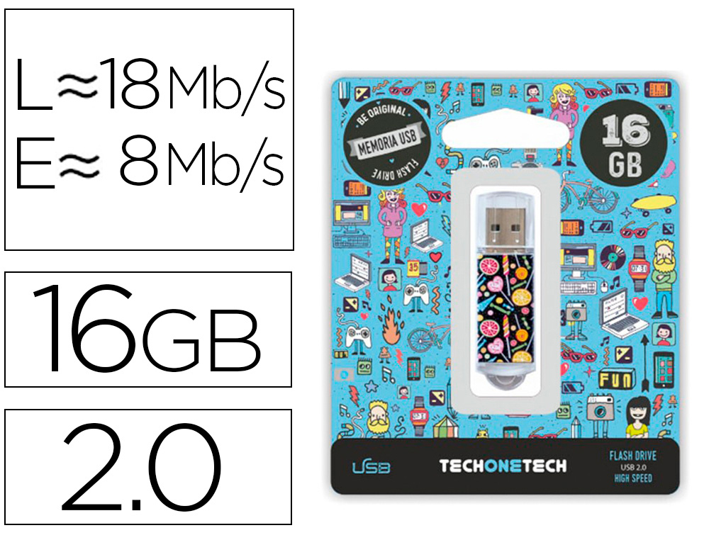 TECHONETECH - Memoria usb flash drive 16 gb 2.0 candy pop (Ref. TEC4001-16) (Canon L.P.I. 0,24€ Incluido)