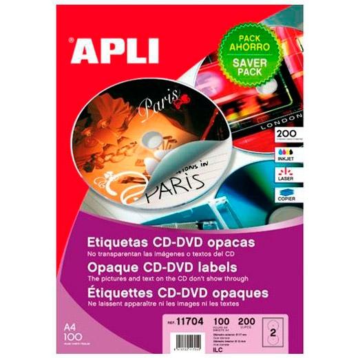 APLI - ETIQUETAS ADH.IMPR. A4 MULTIMED.CD-DVD MEGA CAJA 100h DORSO OPACO Ø ext.117 e int.18 mm 200 uds.() (Ref.11704)
