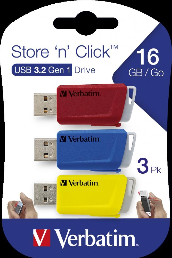 VERBATIM - USB DRIVE ROJO, AZUL, AMARILLO 3.2 S 16GB (PACK DE 3 ) **CON RANURA PARA COLGAR** (Incluye Canon LPI de 0,72 €) (Ref.49306)