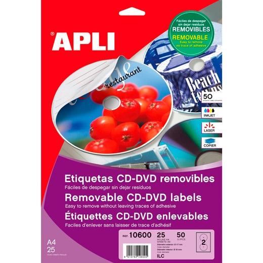 APLI - ETIQUETAS ADH.IMPR. A4 MULTIMED.CD-DVD MEGA BLISTER 25h REMOVIBLE MATE Ø ext.117 e int.18 mm 50 uds.() (Ref.10600)