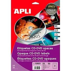 APLI - ETIQUETAS ADH.IMPR. A4 MULTIMED.CD-DVD MEGA BLISTER 25h DORSO OPACO Ø ext.117 e int.18 mm 50 uds.() (Ref.10601)