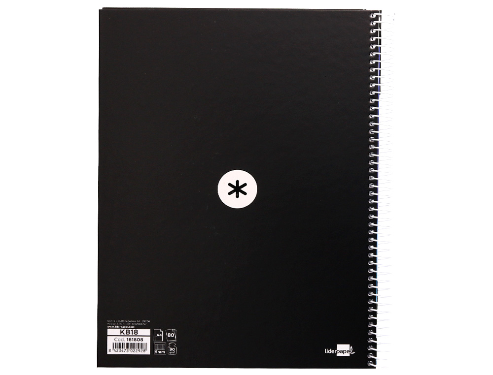 ANTARTIK - Cuaderno espiral liderpapel A4 micro tapa forrada 80h 90 gr cuadro 5mm 1 banda 4 taladros negro (Ref. KB18)