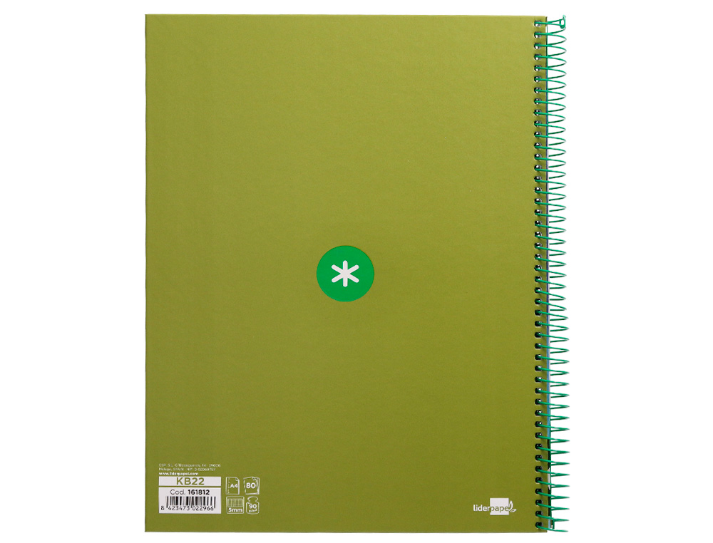 ANTARTIK - Cuaderno espiral liderpapel A4 micro tapa forrada 80h 90 gr cuadro 5mm 1 banda 4 taladros verde (Ref. KB22)