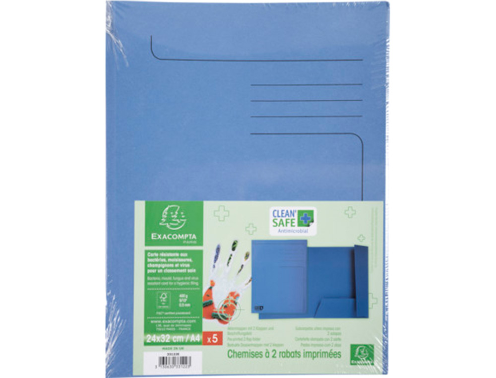 EXACOMPTA - Subcarpeta cartulina clean safe din A4 con 2 solapas azul 400 gr paquete de 5 unidades (Ref. 33122E)
