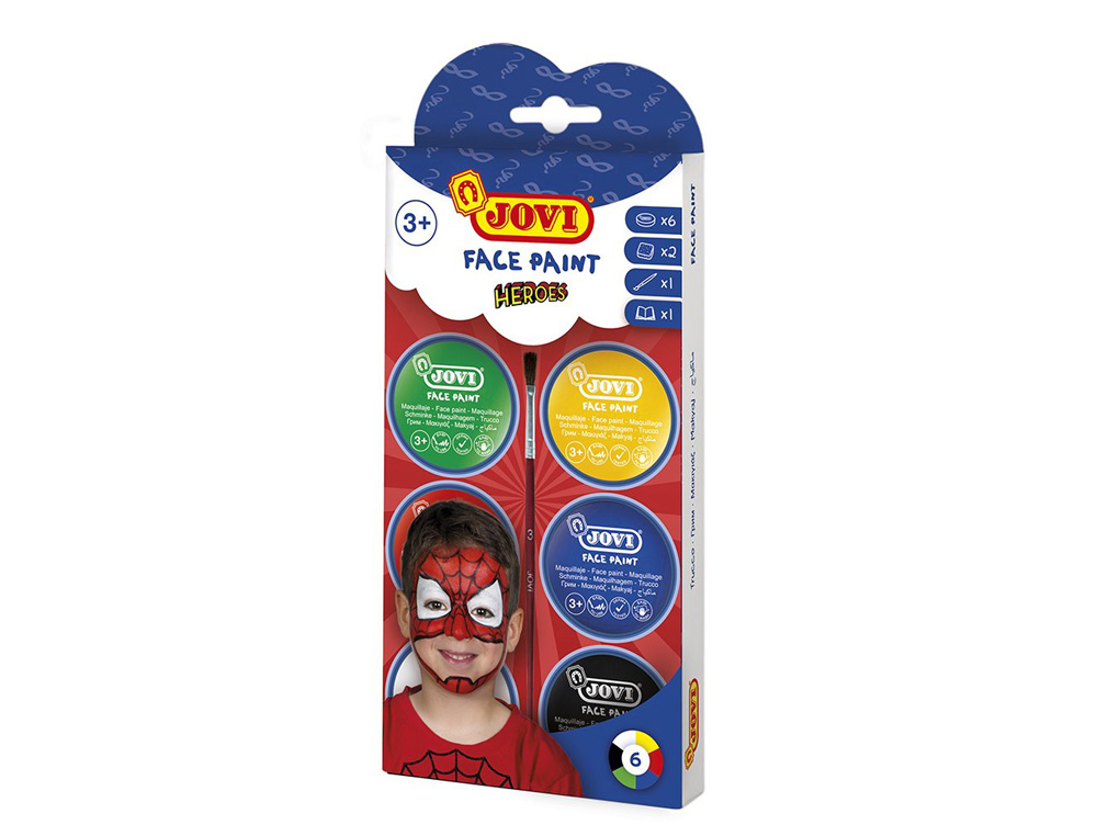 JOVI - Crema maquillaje face paint heroe caja de 6 botes colores surtidos 8 ml + accesorios (Ref. 174B)