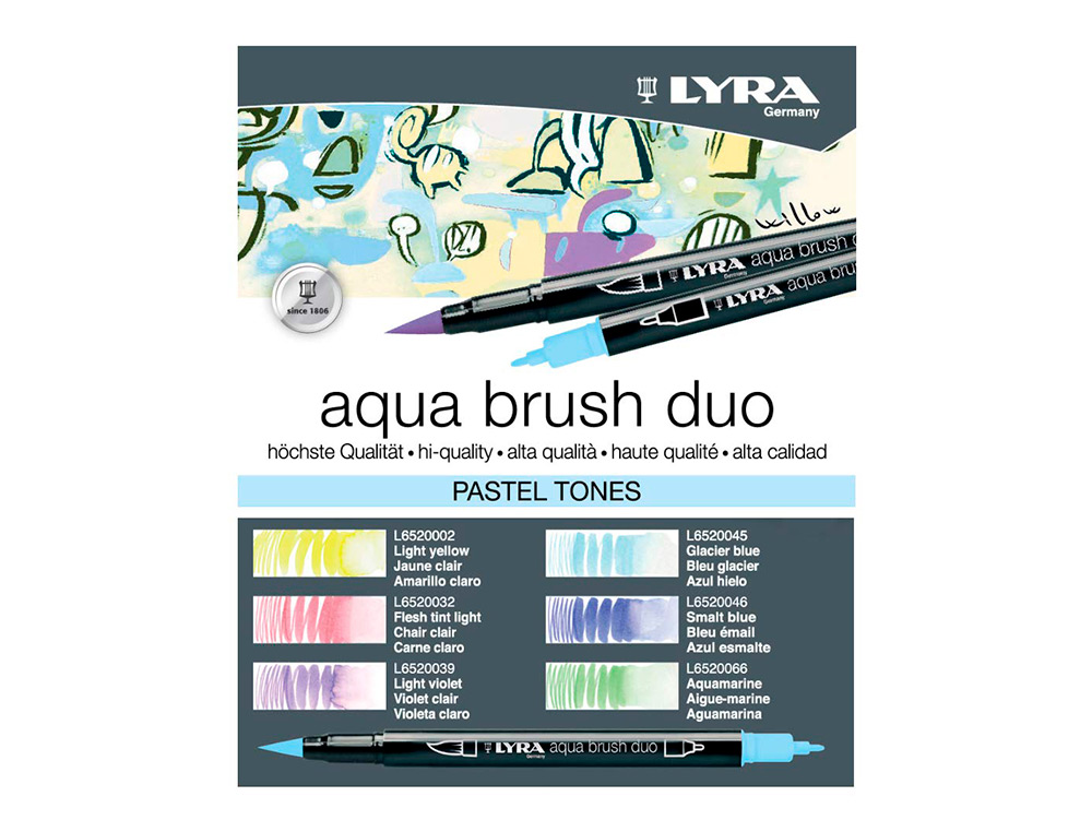 LYRA - Rotulador aqua brush acuarelable doble punta y pincel tonos pastel blister de 6 unidades surtidas (Ref. L6521061)