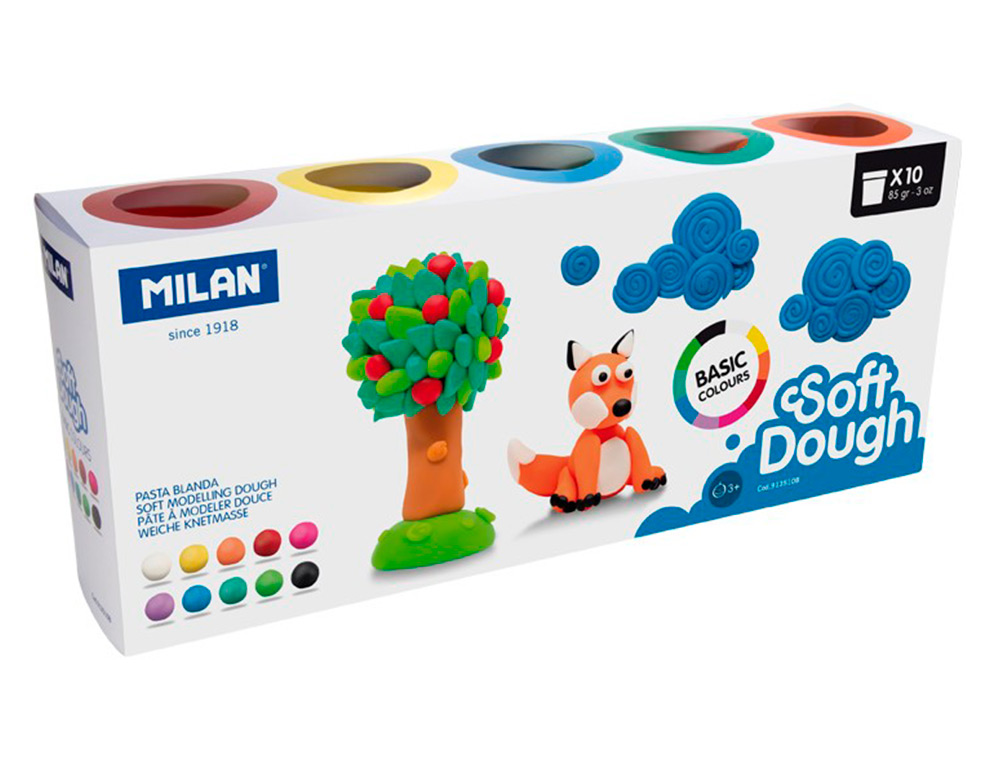 MILAN - Pasta para modelar soft dough basic caja de 10 botes colores surtidos 85 g (Ref. 913510B)