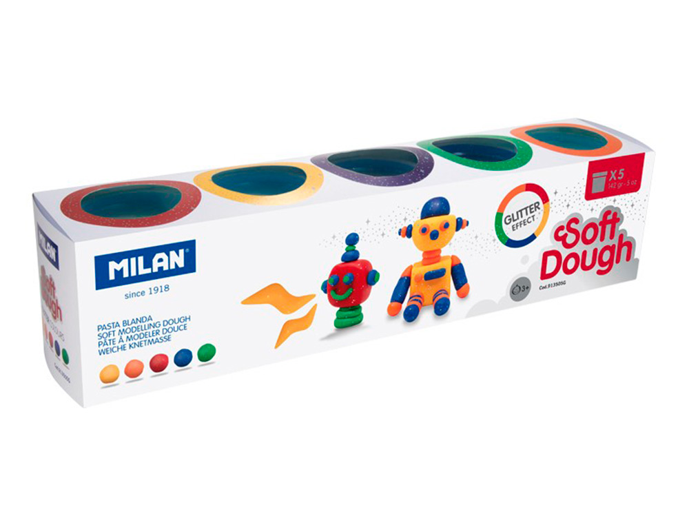 MILAN - Pasta para modelar soft dough glitter caja de 5 botes colores surtidos 142 g (Ref. 913505G)
