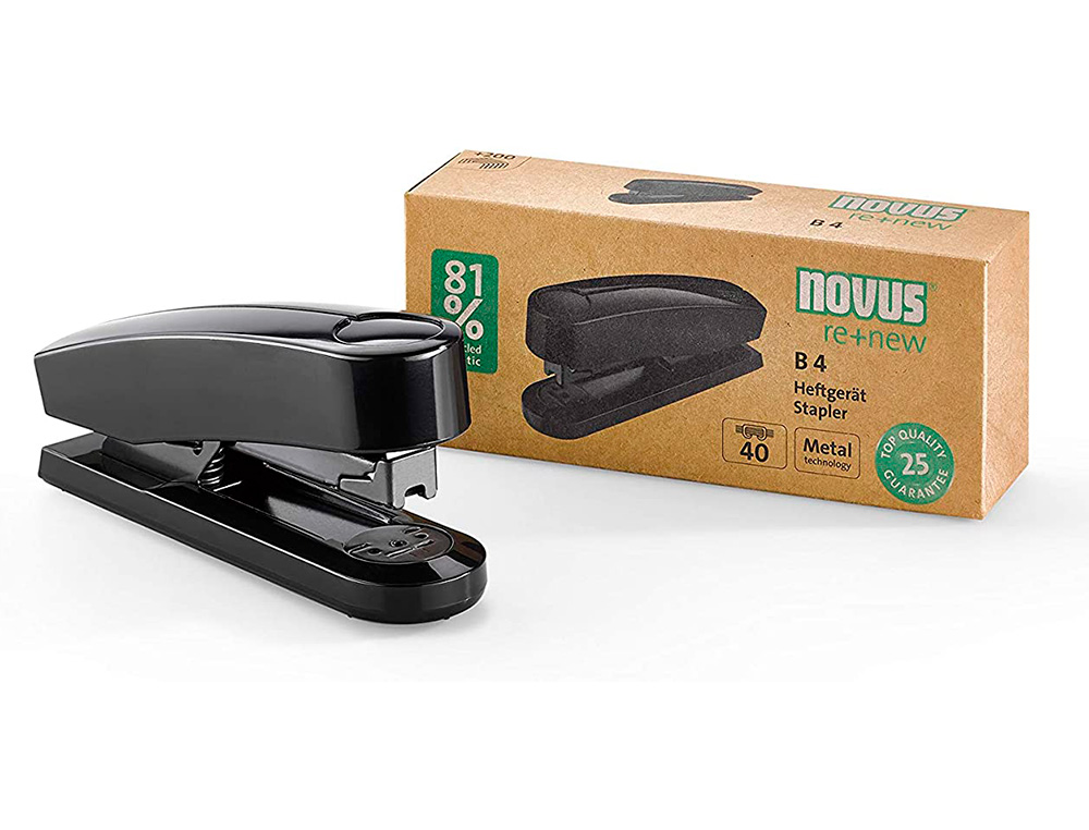 NOVUS DAHLE - Grapadora novus b4 plastico abs reciclado capacidad 40 hojas usa grapas 24/6-8 y 26/6-8 color negro (Ref. 020-1932)