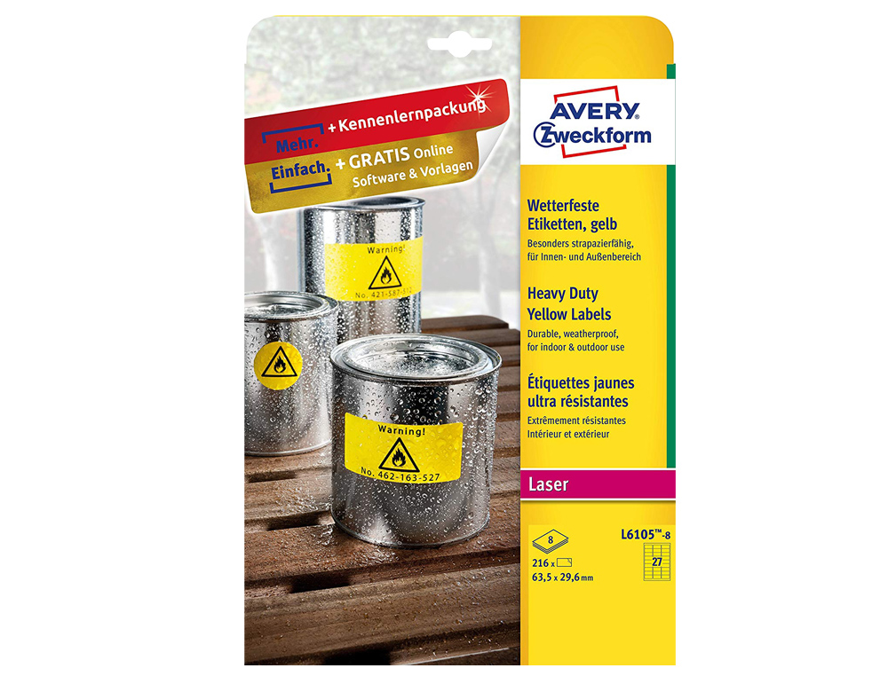AVERY - Etiqueta adhesiva poliester amarillo fluorescente 63,5x29,6 mm pack de 8 unidades (Ref. L6105-8)