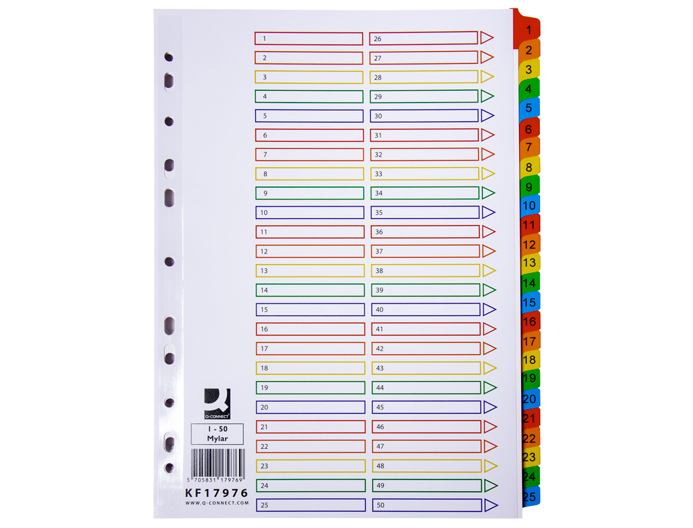 Q-CONNECT - Separador numerico carton 1-50 juego de 50 separadores din A4 multitaladro (Ref. KF17976)