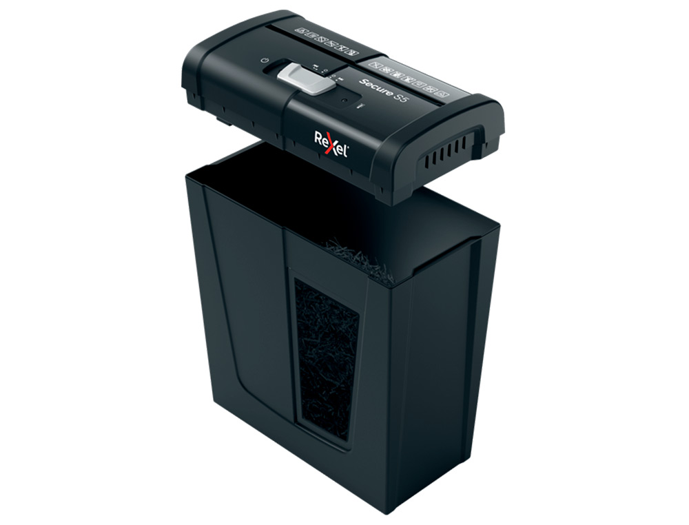 REXEL - Destructora de documentos secure s5 eu capacidad 5 hojas grapas clips tarjetas y cd papelera 10 l (Ref. 2020121EU)