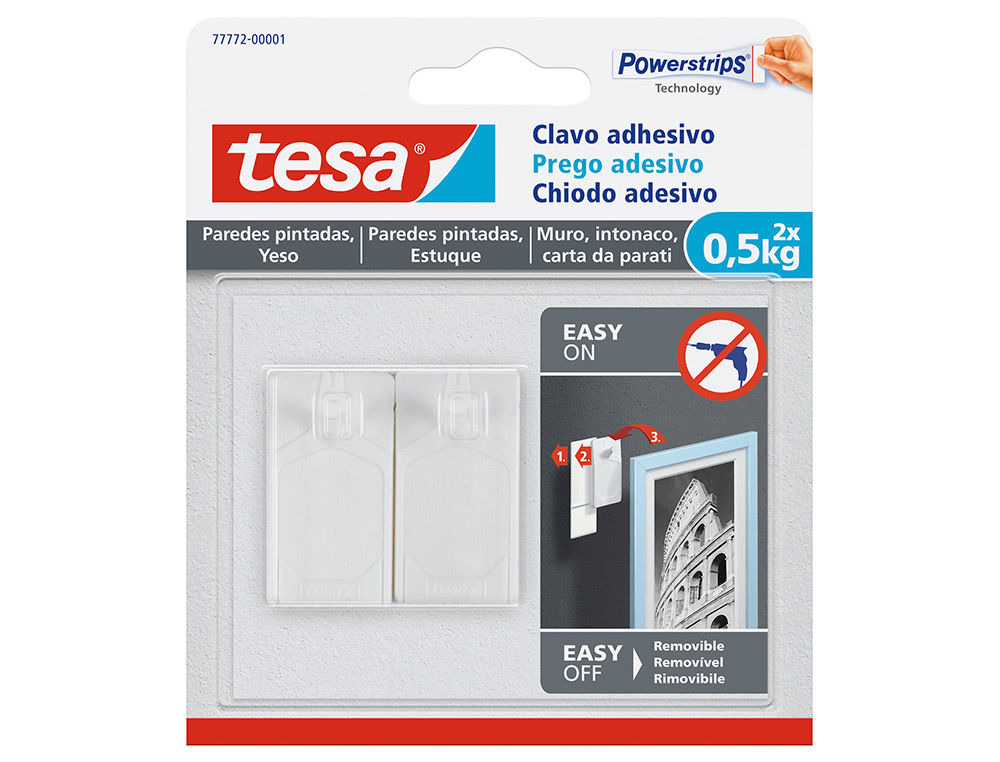 TESA - Clavo autoadhesivo sujecion hasta 0,5 kg uso paredes pintadas removible blister de 2 unidades (Ref. 77772-00001-00)