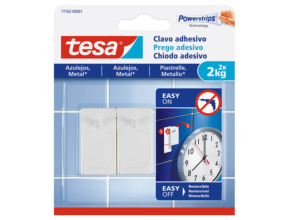 TESA - Clavo autoadhesivo sujecion hasta 2 kg uso azulejos removible blister de 2 unidades (Ref. 77762-00001-00)