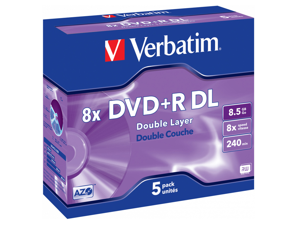 VERBATIM - Dvd+r doble capa capacidad 8.5gb velocidad 8x 240 min pack de 5 unidades (Ref. 43541) (Canon L.P.I. 1,05€ Incluido)