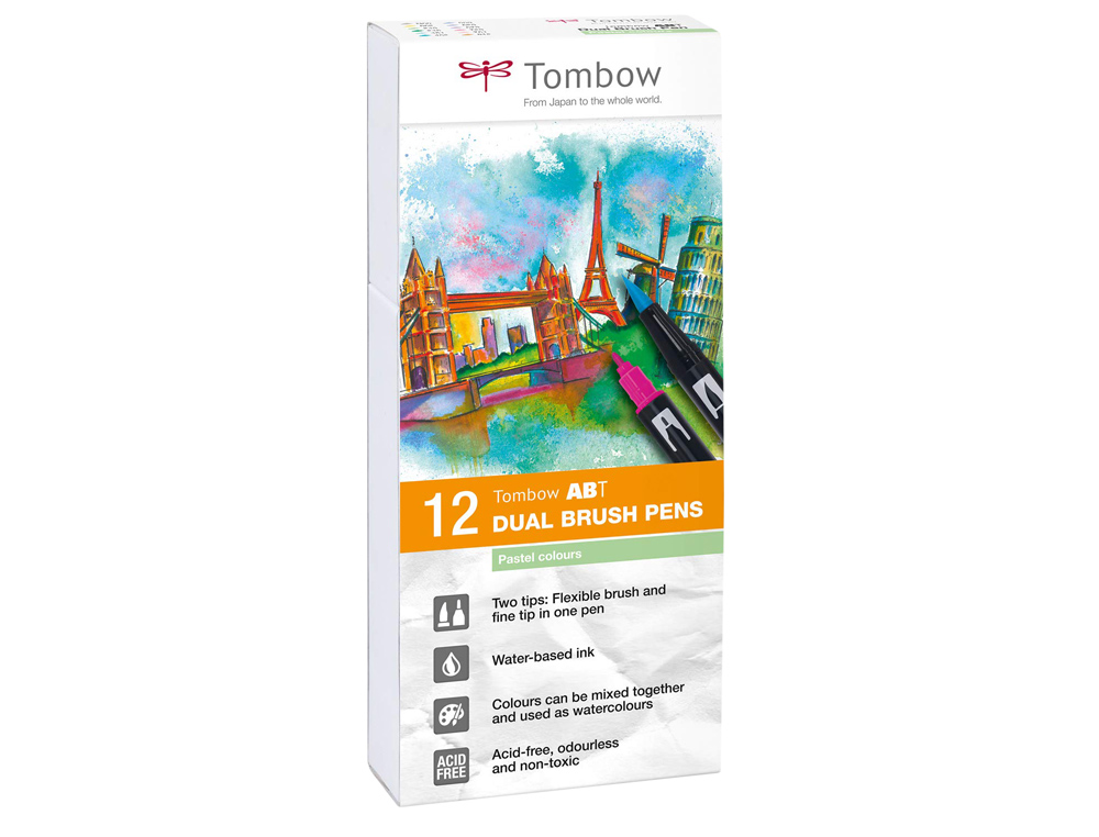 TOMBOW - Estuche 12 rotuladores Dual Brush doble punta pincel. Colores pastel. (Ref.ABT-12P-2)