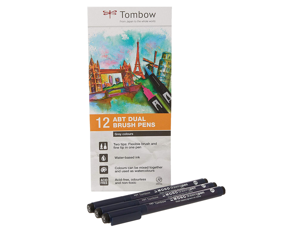 TOMBOW - Estuche 12 rotuladores Dual Brush doble punta pincel. Colores primarios. (Ref.ABT-12P-1)