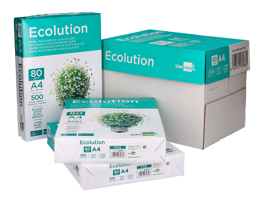 LIDERPAPEL - PAPEL FOTOCOPIADORA ECOLUTION - DIN A4 - 80g - PAQUETE 500 HOJAS (Ref.FT02)