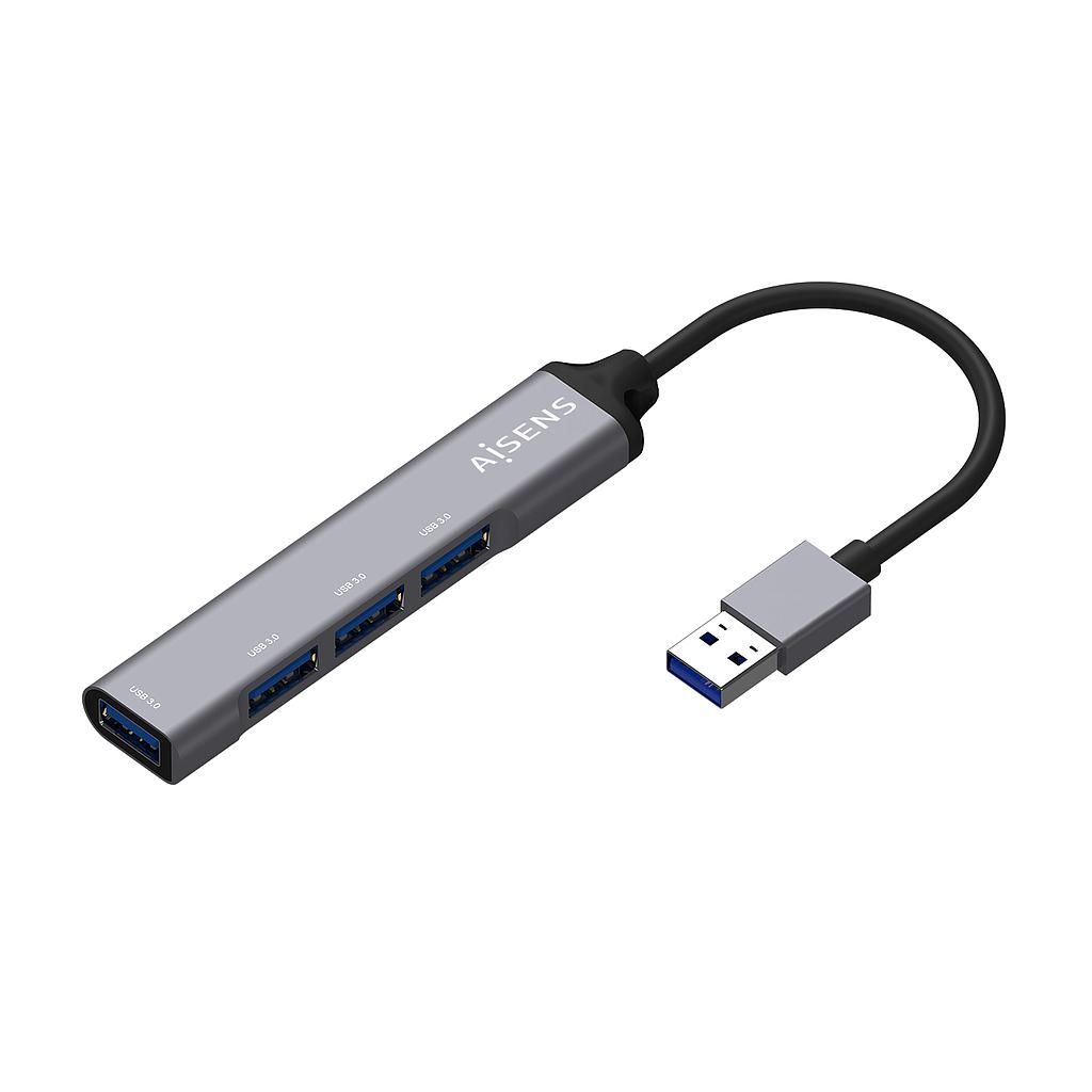 AISENS - HUB USB 3.0 aluminio, tipo A/M-4xtipo A/H, gris, 10cm (Ref.A106-0540)