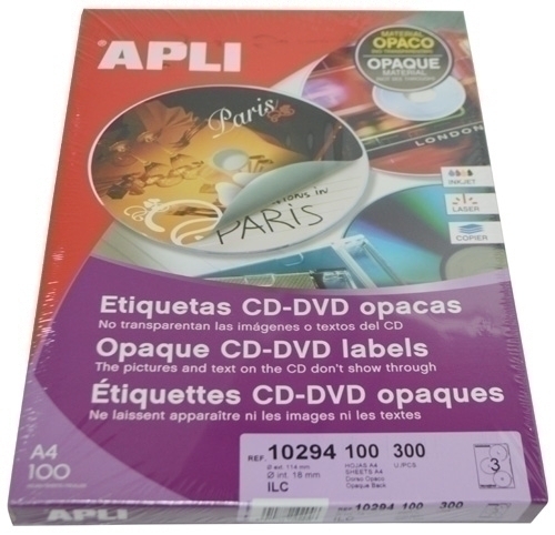 APLI - ETIQUETAS ADH.IMPR. A4 MULTIMED.CD-DVD MEGA CAJA 100h DORSO OPACO Ø ext.114 e int.18 mm 300 uds.() (Ref.10294)